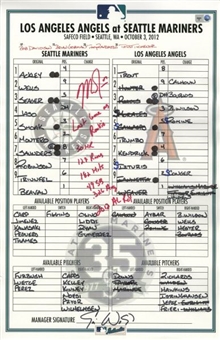 Mike Trout Signed Los Angeles Angels vs Seattle Mariners Game Used Lineup Card Inscribed "Last Game As Rookie, 30 HR, 129 Runs, 182 Hits, 49 SB, .326 Avg, 2012 AL ROY" (MLB Authenticated)